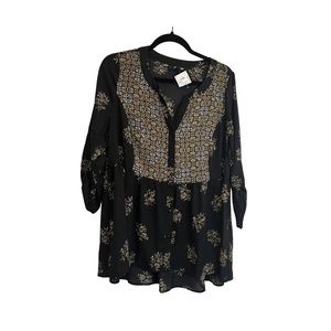 Chelsea Studio Henley Popover Black Geometric 3/4 Sleeves Tunic Top Womens 14/16